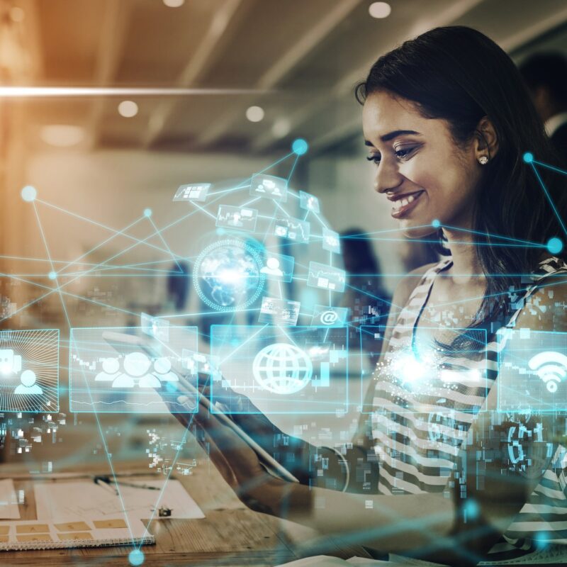 Internet, networking and digital transformation with woman and tablet for global communication, web